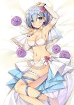  1girl armpits bed_sheet blue_eyes blue_hair blue_ribbon blue_skirt blush bow breasts bridal_veil cleavage collar detached_sleeves flower hair_over_one_eye highres large_breasts lying mori_airi multicolored multicolored_clothes multicolored_skirt navel purple_flower purple_rose re:zero_kara_hajimeru_isekai_seikatsu red_ribbon rem_(re:zero) ribbon rose short_hair skirt smile solo veil white_bikini_top white_bow white_skirt 