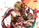  1girl 2018 blonde_hair blush breasts cleavage dutch_angle fate/extra fate/grand_order fate_(series) flower green_eyes hair_flower hair_ornament japanese_clothes medium_breasts nero_claudius_(fate) nero_claudius_(fate)_(all) off_shoulder oriental_umbrella parted_lips petals shino_(eefy) smile solo umbrella white_background wide_sleeves 