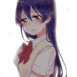  1girl artist_request bangs blue_hair blush commentary_request hair_between_eyes long_hair looking_at_viewer love_live! love_live!_school_idol_project otonokizaka_school_uniform red_neckwear shirt short_sleeves simple_background solo sonoda_umi striped_neckwear upper_body vest white_background white_shirt yellow_eyes 
