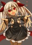  &gt;:d 1girl azur_lane black_bikini_top black_dress black_panties dress fang flat_chest garter_straps grey_background grey_hair hair_ribbon head_tilt heart highres holding holding_panties looking_at_viewer osabachan panties presenting_panties red_eyes ribbon slit_pupils solo twintails underwear vampire_(azur_lane) 