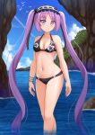 1girl arms_at_sides bangs bare_arms bare_shoulders bikini bird black_bikini bracelet breasts cleavage cliff closed_mouth collarbone euryale fate/grand_order fate_(series) feet_out_of_frame floral_print highres horizon jewelry kazenokaze long_hair looking_at_viewer navel ocean parted_bangs pink_eyes pink_hair print_bikini ribbon_trim shiny shiny_skin small_breasts smile solo standing stomach swimsuit very_long_hair wading water 