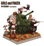  3girls :d absurdres aiming alisa_(girls_und_panzer) bandanna bird black_shorts blonde_hair boots bra breasts brown_eyes brown_hair commentary_request copyright_name cowboy_boots cowboy_hat cross_section eagle faux_figurine finger_on_trigger frown girls_und_panzer gloves grass green_eyes grin ground_vehicle gun hand_on_hip handgun hat hat_around_neck highres holding holding_gun holding_weapon hone_(honehone083) jewelry kay_(girls_und_panzer) large_breasts leaning_on_object long_hair military military_vehicle motor_vehicle multiple_girls naomi_(girls_und_panzer) navel necklace open_mouth ponytail red_bra red_gloves revolver rifle rock scorpion short_hair short_shorts shorts sign silver_hair skull smile sniper_rifle standing standing_on_one_leg striped striped_legwear tank thigh-highs underwear weapon yellow_gloves 