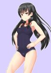  1girl 30-06 black_hair black_swimsuit breasts competition_school_swimsuit covered_navel cowboy_shot grey_background hair_ribbon hands_on_hips highres isokaze_(kantai_collection) kantai_collection long_hair looking_at_viewer medium_breasts red_eyes ribbon school_swimsuit simple_background smug solo swimsuit tress_ribbon 