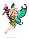  1girl :/ blonde_hair bow_(weapon) braid butterfly_wings closed_mouth crossbow diamond_(shape) facing_away fairy flower flying full_body head_wreath holding holding_bow_(weapon) holding_weapon ichi_et long_hair long_sleeves looking_away looking_to_the_side lowres mercedes odin_sphere pointy_ears puffy_long_sleeves puffy_sleeves red_eyes simple_background slippers solo transparent_background twin_braids unitard weapon white_footwear wings 