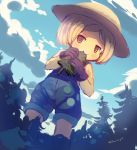  1girl :&gt; bangs bare_arms blonde_hair blue_sky brown_gloves chibi clouds commentary_request cowboy_shot day dutch_angle eating fate/grand_order fate_(series) forest giantess gloves hat jitome looking_at_viewer manino_(mofuritaionaka) nature outdoors overalls parted_bangs paul_bunyan_(fate/grand_order) pine_tree red_eyes signature sky solo standing straw_hat tree 