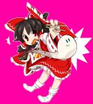  1girl ascot blouse bobby_socks bow brown_hair byourou chopsticks detached_sleeves food full_body hair_bow hair_tubes hakurei_reimu holding holding_chopsticks holding_food mochi open_mouth red_eyes red_skirt skirt skirt_set socks touhou wagashi 