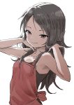  1girl absurdres apron armpits bare_arms bare_shoulders brown_hair closed_mouth commentary_request fingernails forehead hands_in_hair highres long_hair looking_at_viewer original simple_background smile solo white_background yamamoto_souichirou 