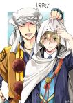  2boys ^_^ blonde_hair blush closed_eyes green_eyes headdress hood male_focus mizuno_eita multiple_boys necktie open_mouth pom_pom_(clothes) smile touken_ranbu translation_request twitter_username yamabushi_kunihiro yamanbagiri_kunihiro 