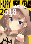  1girl 2018 :&lt; absurdres animal_hood aonegi bangs blue_eyes blush brown_hair close-up closed_mouth dog_hood drawstring eyebrows_visible_through_hair face hands_up happy_new_year highres hood hood_up hoodie long_hair long_sleeves looking_at_viewer new_year original paw_pose simple_background solo translated upper_body yellow_background 