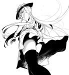  1girl from_below gloves hat highres hinanawi_tenshi kyokucho long_hair monochrome simple_background skirt solo thigh-highs touhou white_background 