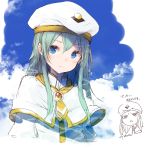  1girl alice_carroll aria beret blue_eyes capelet chibi_inset clouds commentary_request green_hair hat jitome light_blush roll_okashi sky solo triangle_mouth uniform 