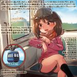  1girl :d black_legwear black_skirt brown_eyes brown_hair colored_pencil_(medium) commentary_request dated hiroshima_skyrail japanese_clothes kantai_collection kariginu kirisawa_juuzou kneehighs long_hair long_sleeves numbered open_mouth pleated_skirt ryuujou_(kantai_collection) sitting skirt smile solo traditional_media translation_request twintails twitter_username visor_cap 