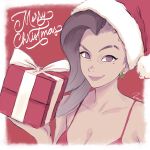  1girl asymmetrical_hair box breasts christmas christmas_tree_earrings cleavage gift gift_box hat merry_christmas mole mole_under_eye no_pupils overwatch santa_hat smile solo sombra_(overwatch) umigraphics undercut upper_body 