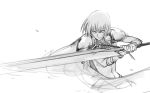  1girl armor bodysuit cape clare_(claymore) claymore cowboy_shot greyscale highres kumako_(pixiv4171671) monochrome motion_lines pauldrons short_hair sketch solo sword weapon white_background 