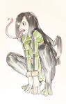  1girl asui_tsuyu black_eyes black_hair bodysuit boku_no_hero_academia commentary eyebrows_visible_through_hair frog_girl full_body gloves gradient gradient_background hair_between_eyes highres legs_apart long_hair long_tongue low-tied_long_hair open_mouth pink_background prehensile_tongue solo squatting tim_loechner tongue tongue_out very_long_tongue white_gloves 
