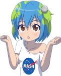  1girl artist_request brown_eyes earth-chan hair_ornament highres looking_at_viewer nasa off_shoulder original simple_background solo upper_body 