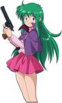 1girl 80s ayanokouji_rem blue_eyes dream_hunter_rem eyebrows_visible_through_hair green_hair gun handgun holding holding_gun holding_weapon long_hair official_art oldschool petticoat skirt smile solo transparent_background two-handed weapon 