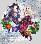  2girls :d bangs black_hair blonde_hair blush commentary_request dual_persona ereshkigal_(fate/grand_order) fate/grand_order fate_(series) floral_print flower full_body fur_trim hair_ribbon ishtar_(fate/grand_order) japanese_clothes kimono looking_at_viewer multiple_girls obi open_mouth parted_bangs red_eyes ribbon sash smile two_side_up wide_sleeves yuzuriha_(no_yzrh) 