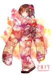  1girl 2017 bangs black_bow black_footwear blush bow braid brown_eyes brown_hair closed_mouth commentary_request eyebrows_visible_through_hair full_body hair_between_eyes hair_bow happy_new_year ichihaya japanese_clothes kimono long_sleeves looking_at_viewer looking_back new_year original print_kimono purple_bow red_kimono smile socks solo standing tabi unmoving_pattern white_legwear wide_sleeves zouri 
