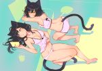  2girls absurdres ahoge animal_ears arched_back arm_support armpits aruterra ass back bangs bare_legs barefoot black_hair blue_eyes book breasts bright_pupils camisole cat_ears cat_tail cleavage collarbone cup drink drinking_glass fan feet full_body head_tilt highres holding holding_book indoors kneeling leaning_forward long_hair medium_breasts multiple_girls navel open_book original panties paper_fan pillow pink_panties reading sleeveless spaghetti_strap stomach tail toes tsurime uchiwa underwear underwear_only water yellow_eyes 
