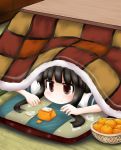  1girl bangs basket black_hair blue_sailor_collar blunt_bangs brown_eyes food fruit futon hatsuyuki_(kantai_collection) kantai_collection kotatsu long_hair lying mandarin_orange on_stomach ouno_(nounai_disintegration) playing_with_food sailor_collar school_uniform serafuku solo table tatami under_kotatsu under_table upper_body 