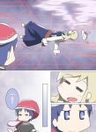  2girls :3 blonde_hair blue_eyes blue_hair blush closed_eyes comic doremy_sweet dream_soul dreaming eating hat hat_removed hat_ribbon headwear_removed long_hair looking_at_another multiple_girls nightcap no_nose pink_ribbon pom_pom_(clothes) pureko495 red_hat ribbon sleeping touhou watatsuki_no_toyohime white_hat 