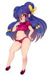  1girl bow breasts commentary double_bun eyebrows_visible_through_hair full_body hair_bobbles hair_bow hair_ornament hand_on_hip highres long_hair looking_at_viewer medium_breasts midriff navel purple_hair ranma_1/2 red_eyes shampoo_(ranma_1/2) short_sleeves slugbox solo standing yellow_bow 