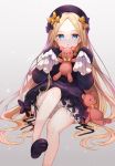  1girl abigail_williams_(fate/grand_order) absurdres bangs bare_legs black_bow black_dress black_footwear black_hat blonde_hair bloomers blue_eyes bow butterfly dress fate/grand_order fate_(series) forehead hair_bow hat highres holding holding_stuffed_animal ion_(on01e) long_hair long_sleeves looking_at_viewer orange_bow parted_bangs polka_dot polka_dot_bow simple_background sitting sleeves_past_wrists solo stuffed_animal stuffed_toy teddy_bear underwear very_long_hair white_bloomers 
