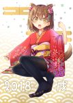  1girl 2018 :d animal_ears ashida_machi bangs black_legwear blush brown_hair collarbone commentary_request dog_ears dog_girl dog_tail egasumi eyebrows_visible_through_hair feet fine_fabric_emphasis fingernails floral_print flower green_nails gurande_(g-size) hair_between_eyes hair_bobbles hair_flower hair_ornament head_tilt highres japanese_clothes kemonomimi_mode kimono long_sleeves looking_at_viewer multicolored multicolored_nail_polish nail_polish new_year no_shoes open_mouth original pantyhose pink_flower print_kimono red_kimono red_nails sitting sleeves_past_wrists smile solo tail toes two_side_up wide_sleeves year_of_the_dog yellow_eyes 