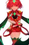  1girl absurdres artist_request blush breasts covered_navel earrings fingerless_gloves gloves hair_ornament highres pyra_(xenoblade) jewelry large_breasts looking_at_viewer red_eyes redhead short_hair shorts sidelocks simple_background smile solo tiara white_background xenoblade xenoblade_2 