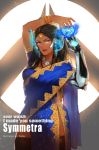 1girl alternate_costume artist_name black_hair blue_dress bracelet breasts brown_eyes character_name cyborg daible dark_skin dress forehead_protector headgear heart highres indian_clothes jewelry lace lace-trimmed_panties lips long_hair looking_at_viewer mechanical_arm medium_breasts necklace overwatch panties side_slit solo symmetra_(overwatch) thigh-highs traditional_clothes underwear 