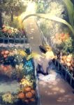  closed_eyes commentary_request fence flower from_side leafeon light_rays manino_(mofuritaionaka) no_humans outdoors pokemon pokemon_(creature) scenery smelling_flower 