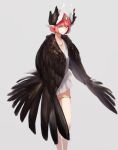  1girl bangs black_wings circe_(fate/grand_order) closed_mouth commentary_request dress fate/grand_order fate_(series) feathered_wings feet_out_of_frame grey_background hairband head_wings jewelry kusuno_(baraharra) looking_at_viewer pink_hair pointy_ears short_hair simple_background solo white_dress wings yellow_eyes 