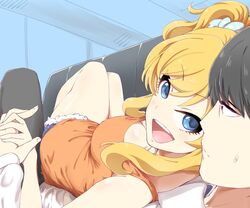  1boy 1girl black_hair blonde_hair blue_eyes bra_strap breasts cleavage couch denim denim_shorts hand_holding high_ponytail idolmaster idolmaster_cinderella_girls long_hair looking_back lying lying_on_person medium_breasts on_back ootsuki_yui open_mouth orange_tank_top ponytail producer_(idolmaster_cinderella_girls_anime) rugishi short_hair shorts sweatdrop tank_top tied_hair 