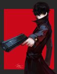  1boy absurdres amamiya_ren card coat gun highres joker looking_at_viewer male_focus persona persona_5 playing_card short_hair simple_background solo weapon xq yellow_eyes 