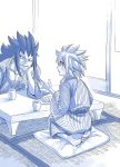  1boy 1girl couple cup fairy_tail gajeel_redfox japanese_clothes levy_mcgarden looking_at_another mashima_hiro monochrome piercing pillow smile spiky_hair table talking 
