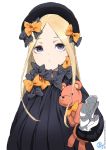  1girl abigail_williams_(fate/grand_order) b.c.n.y. bangs black_bow black_dress black_hat blonde_hair bow commentary_request dated dress fate/grand_order fate_(series) forehead hair_bow hat long_hair long_sleeves looking_up object_hug orange_bow parted_bangs parted_lips polka_dot polka_dot_bow sidelocks signature simple_background sleeves_past_wrists solo stuffed_animal stuffed_toy teddy_bear violet_eyes watermark web_address white_background 