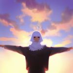  1girl black_eyes clouds day from_below ilya_kuvshinov looking_at_viewer original outstretched_arms scarf short_hair sky solo spread_arms standing white_hair 