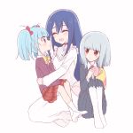  3girls :d ^_^ age_difference blazer blue_hair blush_stickers bow bowtie choker closed_eyes commentary_request cup dress flip_flappers hair_bow holding holding_cup hug jacket light_blue_hair long_hair long_skirt mimi_(flip_flappers) mug multiple_girls no_shoes nyunyu open_mouth pantyhose plaid plaid_skirt pleated_skirt red_bow red_choker red_eyes red_neckwear red_ribbon ribbon school_uniform silver_hair simple_background sitting sitting_on_lap sitting_on_person skirt smile socks sou_(mgn) twintails white_background white_dress white_legwear yellow_bow yellow_neckwear yuyu_(flip_flappers) 