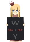 1girl absurdres bangs blonde_hair blue_eyes blunt_bangs closed_mouth cowboy_shot crown empty_eyes eyebrows_visible_through_hair glasses highres holding holding_sign long_hair looking_at_viewer mini_crown original sale sidelocks sign solo tareme toy_box-r