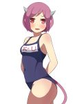  1girl :d absurdres arms_behind_back bangs bare_arms bare_shoulders blue_swimsuit blush breasts collarbone covered_navel cowboy_shot fang highres horns looking_at_viewer medium_breasts old_school_swimsuit one-piece_swimsuit open_mouth original pink_hair red_eyes school_swimsuit short_hair simple_background smile solo swimsuit tail toy_box-r white_background 