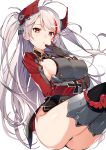  1girl antenna_hair ass azur_lane bangs black_gloves black_legwear blush breasts bright_pupils cut_(bu-kunn) dress erect_nipples garter_straps gloves grey_dress hand_on_own_face hand_up headgear highres invisible_chair iron_cross long_hair long_sleeves looking_at_viewer medium_breasts mole mole_on_breast multicolored_hair orange_eyes parted_lips prinz_eugen_(azur_lane) redhead shiny shiny_hair short_dress sideboob silver_hair simple_background sitting smile solo swept_bangs thigh-highs thighs tsurime two-tone_hair two_side_up very_long_hair white_background 