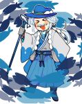  &gt;_&lt; 1boy :d blue_hat blue_legwear blush cane closed_eyes fish gloves grey_gloves grey_hair hakama hat highres japanese_clothes long_hair male_focus old_man open_mouth personification pokemon ponytail shioya_(soooooolt) smile wide_sleeves wishiwashi 