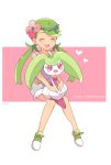  1girl :d ^_^ ^o^ bare_arms bare_shoulders blush character_name closed_eyes dark_skin facing_viewer flower full_body green_footwear green_hair hair_flower hair_ornament headband heart invisible_chair long_hair low_twintails mallow_(pokemon) mei_(maysroom) no_socks on_lap open_mouth overalls pokemon pokemon_(creature) pokemon_(game) pokemon_sm shoes signature sitting sleeveless smile steenee trial_captain twintails two-tone_background 