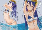  1girl absurdres arched_back armpits arms_up bangs bikini blue_bikini blue_eyes blue_hair breasts choker earrings el-zheng flower hair_between_eyes hair_flower hair_ornament highres huge_filesize jewelry long_hair looking_at_viewer love_live! love_live!_school_idol_project medium_breasts multiple_persona navel one_eye_closed plaid plaid_background plaid_bikini smile solo sonoda_umi swimsuit undressing water_drop yellow_eyes 