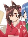  2girls alternate_hairstyle animal_ears blue_eyes blue_hair brown_hair commentary_request flower hair_flower hair_ornament highres holding imaizumi_kagerou japanese_clothes kimono long_sleeves looking_at_another medium_hair multiple_girls obi paddle paint paintbrush pink_flower red_kimono sash simple_background touhou tyouseki upper_body wakasagihime white_background wolf_ears 