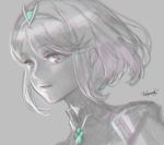  1girl earrings greyscale hair_ornament pyra_(xenoblade) jewelry looking_at_viewer monochrome short_hair simple_background smile solo tiara white_background xenoblade xenoblade_2 