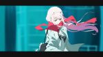  1girl bag bangs black_neckwear blue_eyes blurry blurry_background commentary_request darling_in_the_franxx depth_of_field grey_jacket hairband horns jacket letterboxed long_hair necktie parted_lips pink_hair red_scarf scarf shirt shoulder_bag solo tomato_(lsj44867) white_shirt zero_two_(darling_in_the_franxx) 