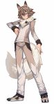  1boy animal_ears blue_eyes brown_hair brown_pants brown_shirt claws highres lycanroc pants personification pokemon pokemon_(game) pokemon_sm serious shirt short_hair space_jin tail white_background wolf_ears wolf_tail 