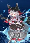  1girl animal_hood azur_lane bangs black_cape black_skirt blush cannon cape cat_hood center_frills commentary_request e.f.cat erebus_(azur_lane) eyebrows_visible_through_hair frills gloves holding hood long_hair ocean open_mouth red_eyes seiza shirt short_sleeves silver_hair sitting skirt solo suspender_skirt suspenders torn_cape turret upper_teeth very_long_hair water white_gloves white_legwear white_shirt 